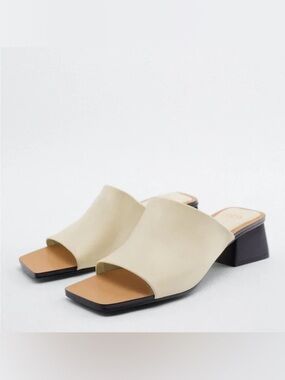 Zara Cream Open-Toe Slide Mule with Low Block Heel